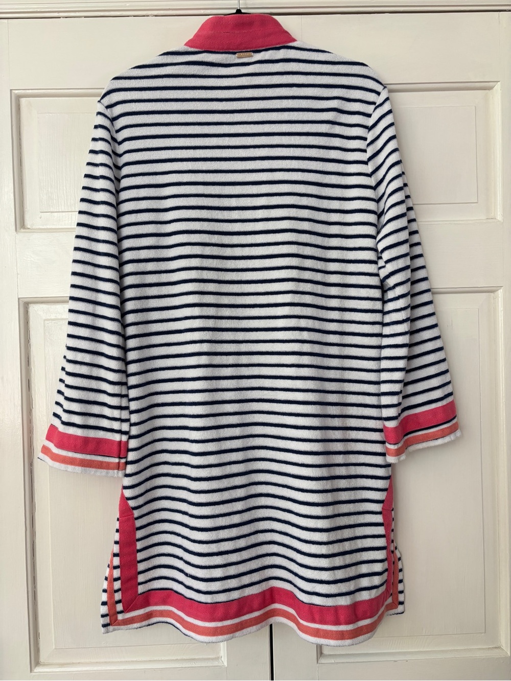 Cabana Life Navy & White Striped Terry Cloth Swim Coverup Coral Trim Size XL - Picture 8 of 11